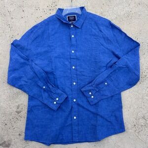 CHARLES TYRWHITT Shirt Mens XL Slim Fit Linen Button Up Long Sleeve Bold Blue